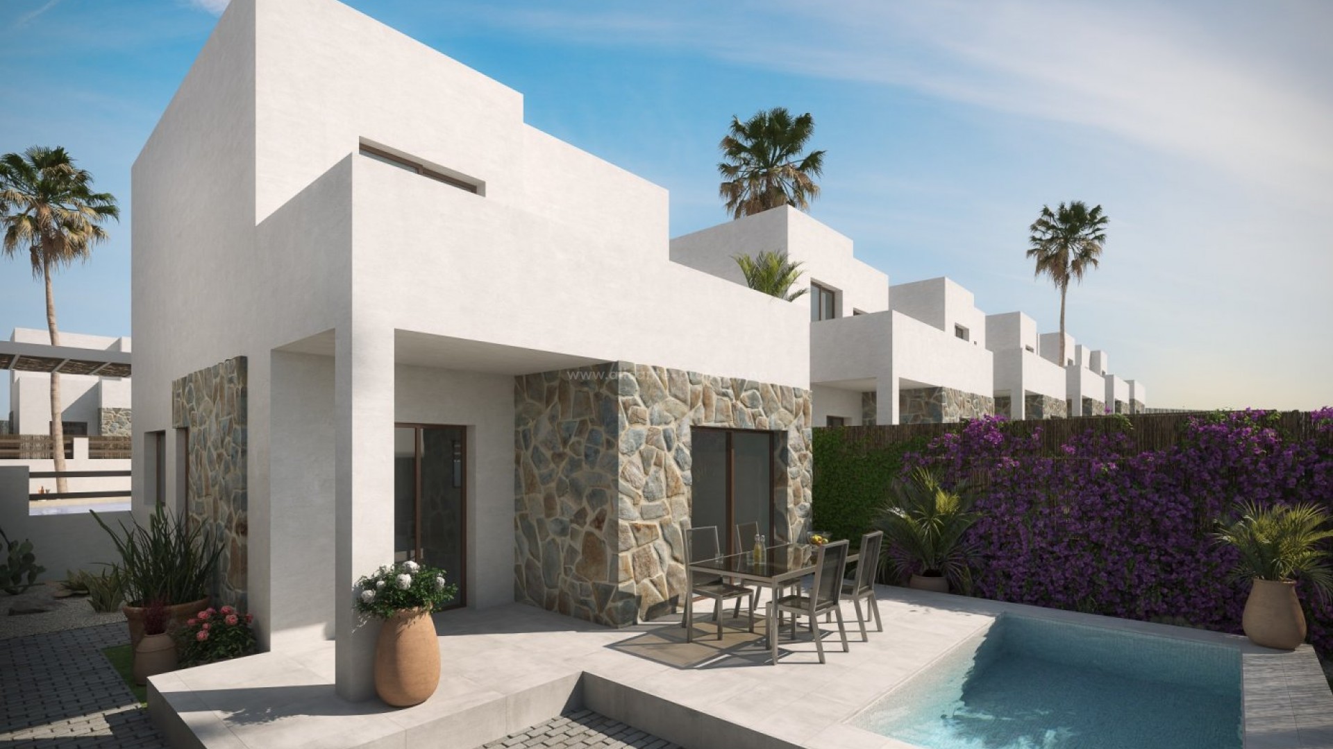 25 nye villaer/hus i Orihuela Costa, 3 soverom og 2 bad, privat hage, felles basseng (privat basseng mot tillegg), parkering, nær Villamartin golfbane 