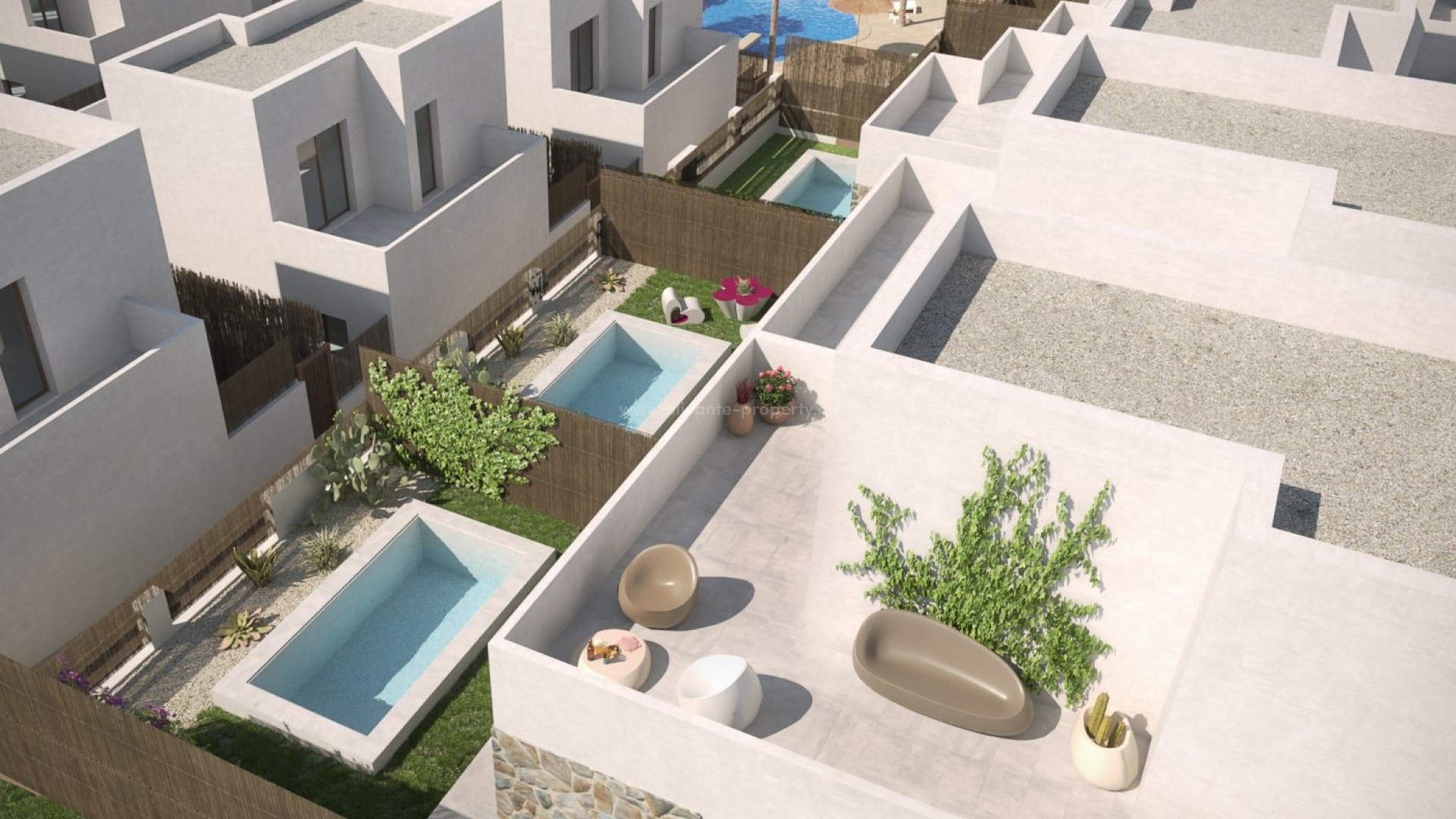 25 nye villaer/hus i Orihuela Costa, 3 soverom og 2 bad, privat hage, felles basseng (privat basseng mot tillegg), parkering, nær Villamartin golfbane 
