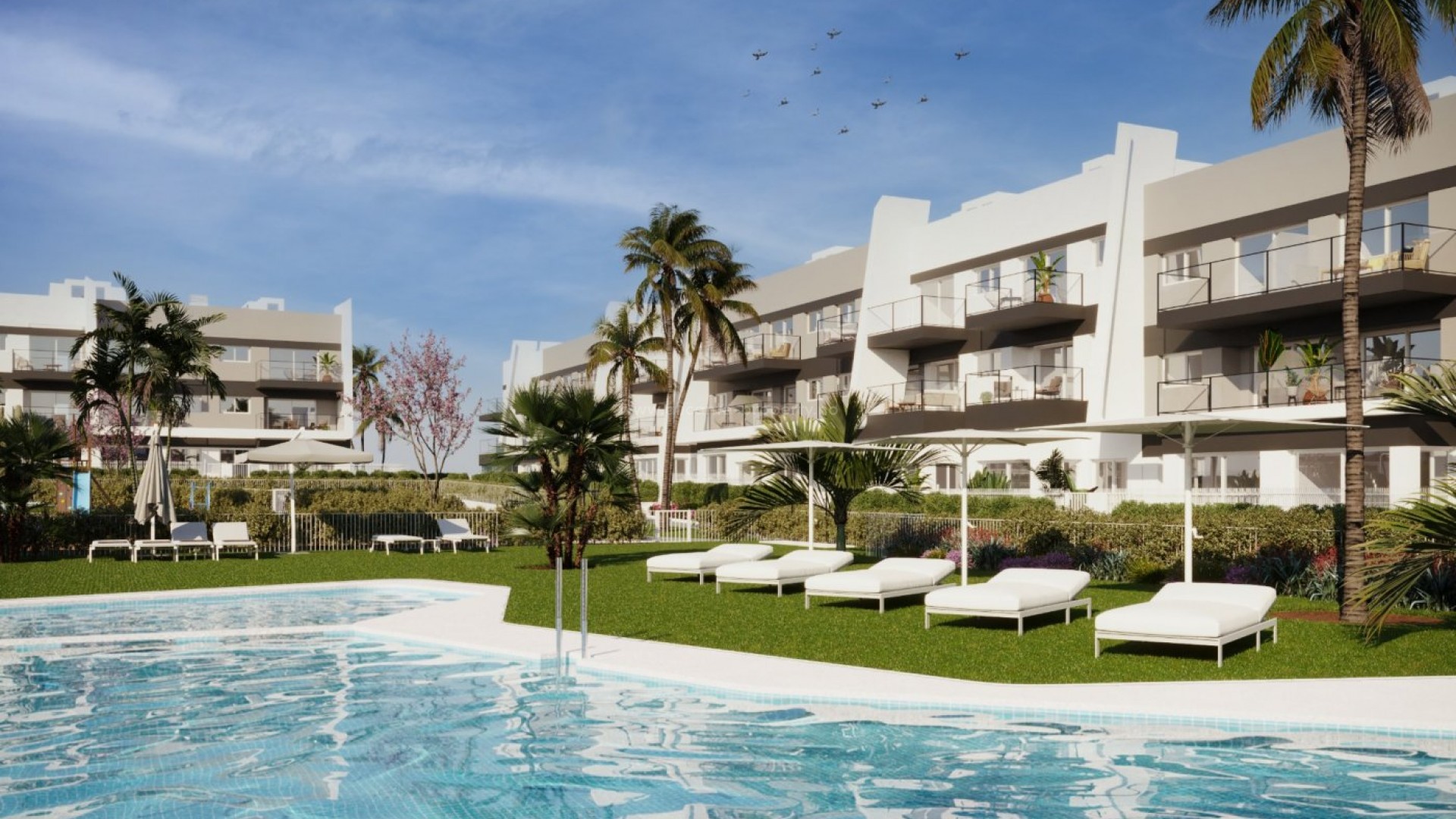 Nybyggde leiligheter i Gran Alacant, Santa Pola, 2/3 soverom, 2 bad, flott felles basseng, privat hage, utsikt over havet eller grønt område