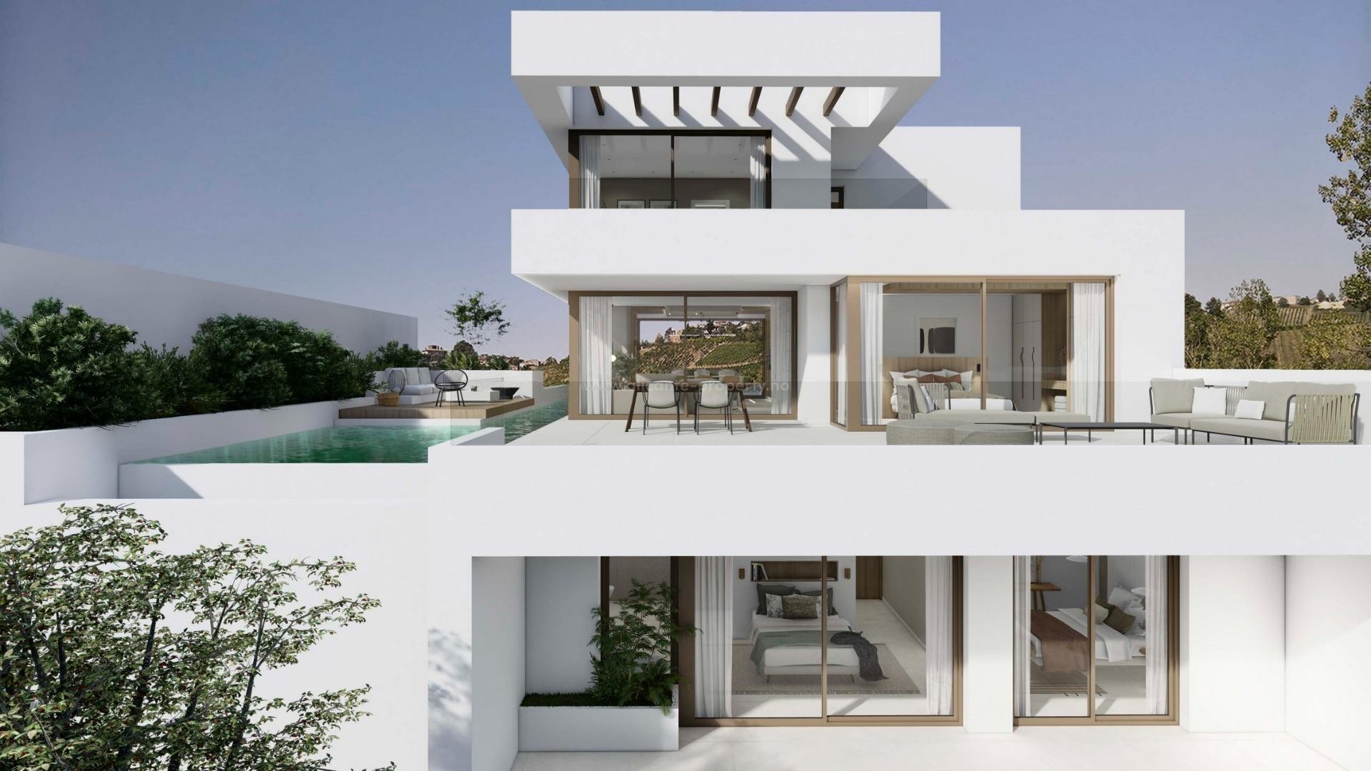 11 luxury villas in Finestrat, 3 different types of houses that can be adapted to the customer's needs, 3 bedrooms, 3 bathrooms. Close to Benidorm and golf courses, Private pool with views