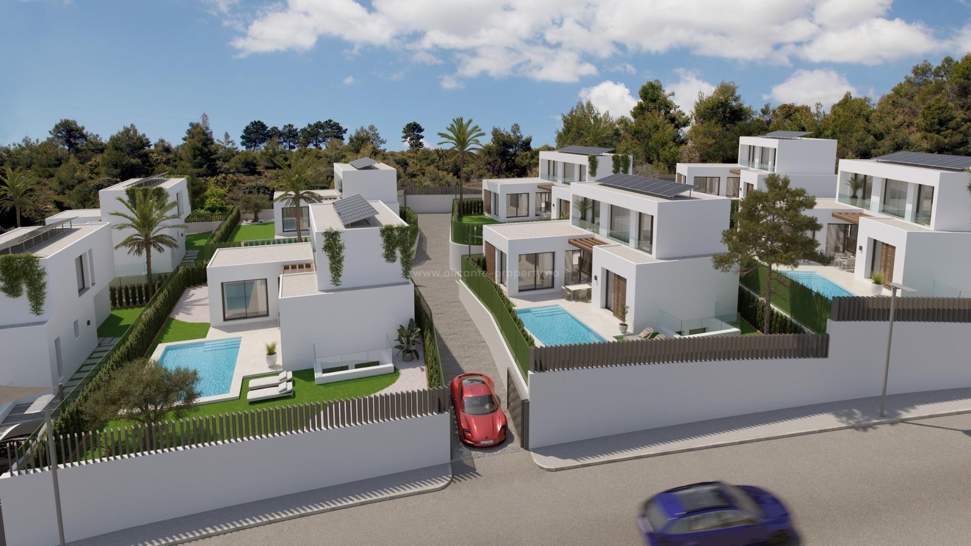 12 nybyggede villar/hus i Alfaz del Pi, 3 soverom, 2 bad, hage med svømmebasseng, fantastisk utsikt over Middelhavet