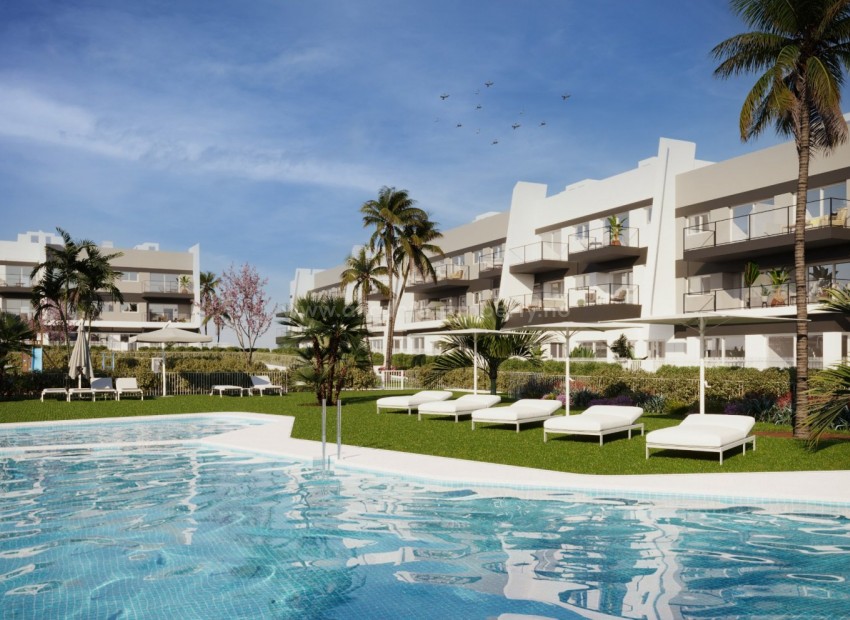 120 new apartments in Gran Alacant, Santa Pola, 2/3 bedrooms, 2 bathrooms, beautiful views of the common areas, the natural environment or the sea, and the pool and private garden