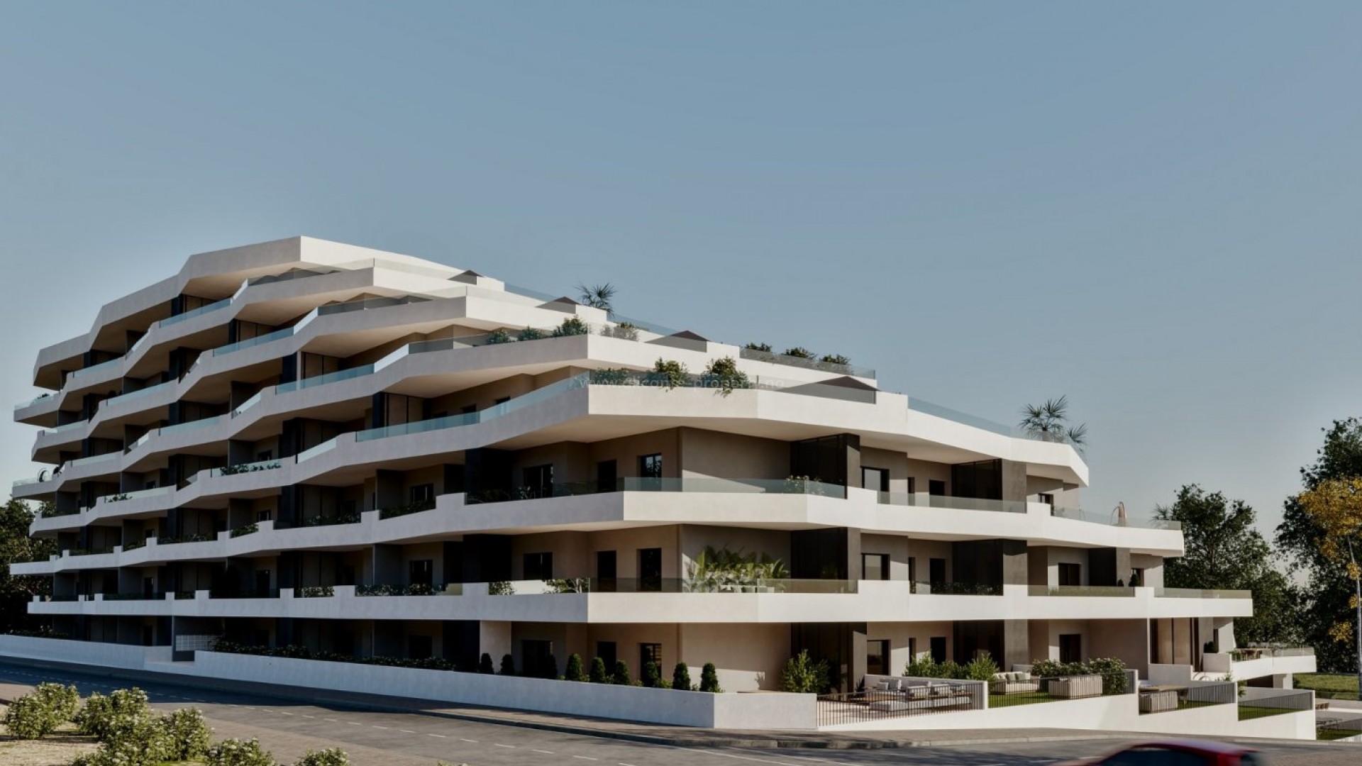 165 leiligheter i San Miguel de Salinas nær golfbaner, strand og kjøpesentre, 2,3 soverom, svømmebasseng og parkering, Moderne og energibesparende.
