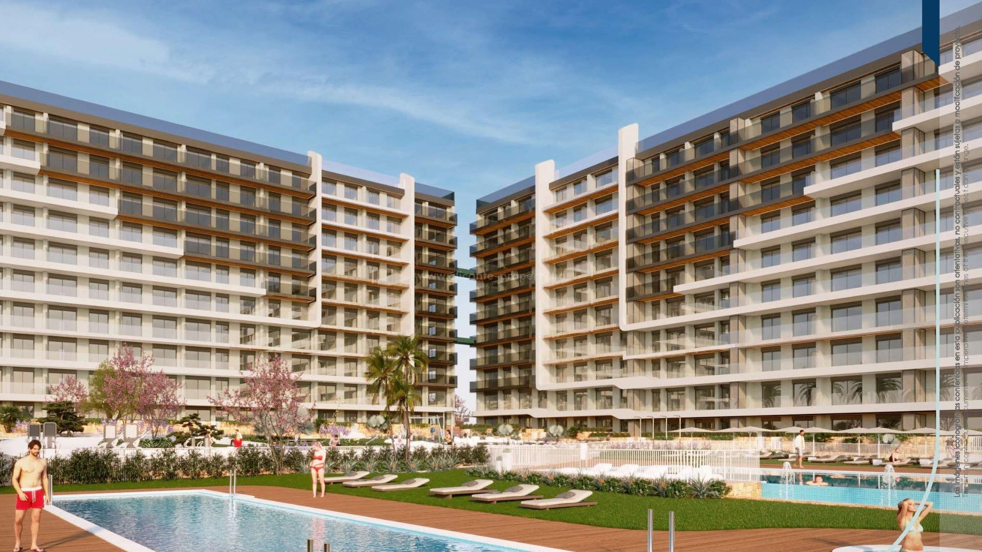 220 apartments with 2/3 bedrooms and 2 bathrooms in Punta Prima, large terraces, ground floor with garden and penthouses with solarium, communal swimming pool