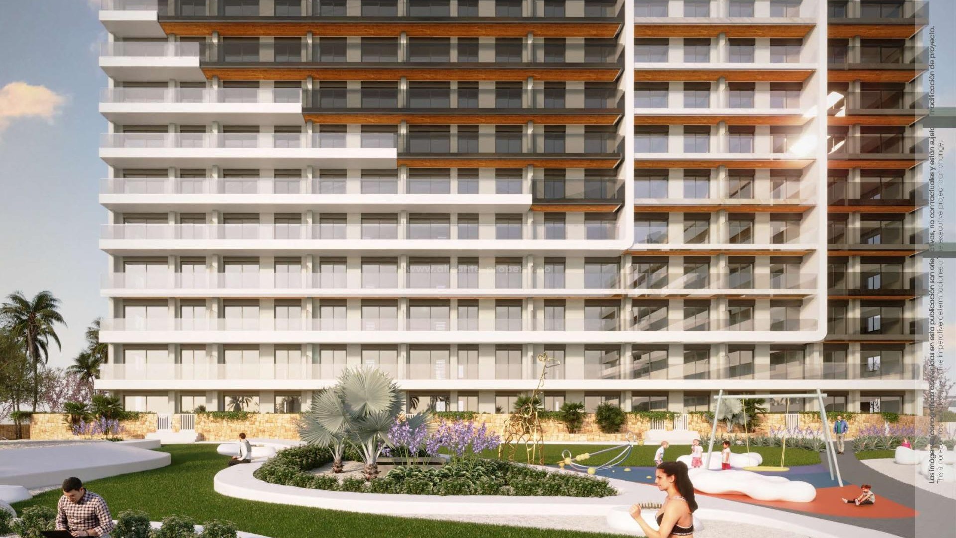 220 apartments with 2/3 bedrooms and 2 bathrooms in Punta Prima, large terraces, ground floor with garden and penthouses with solarium, communal swimming pool