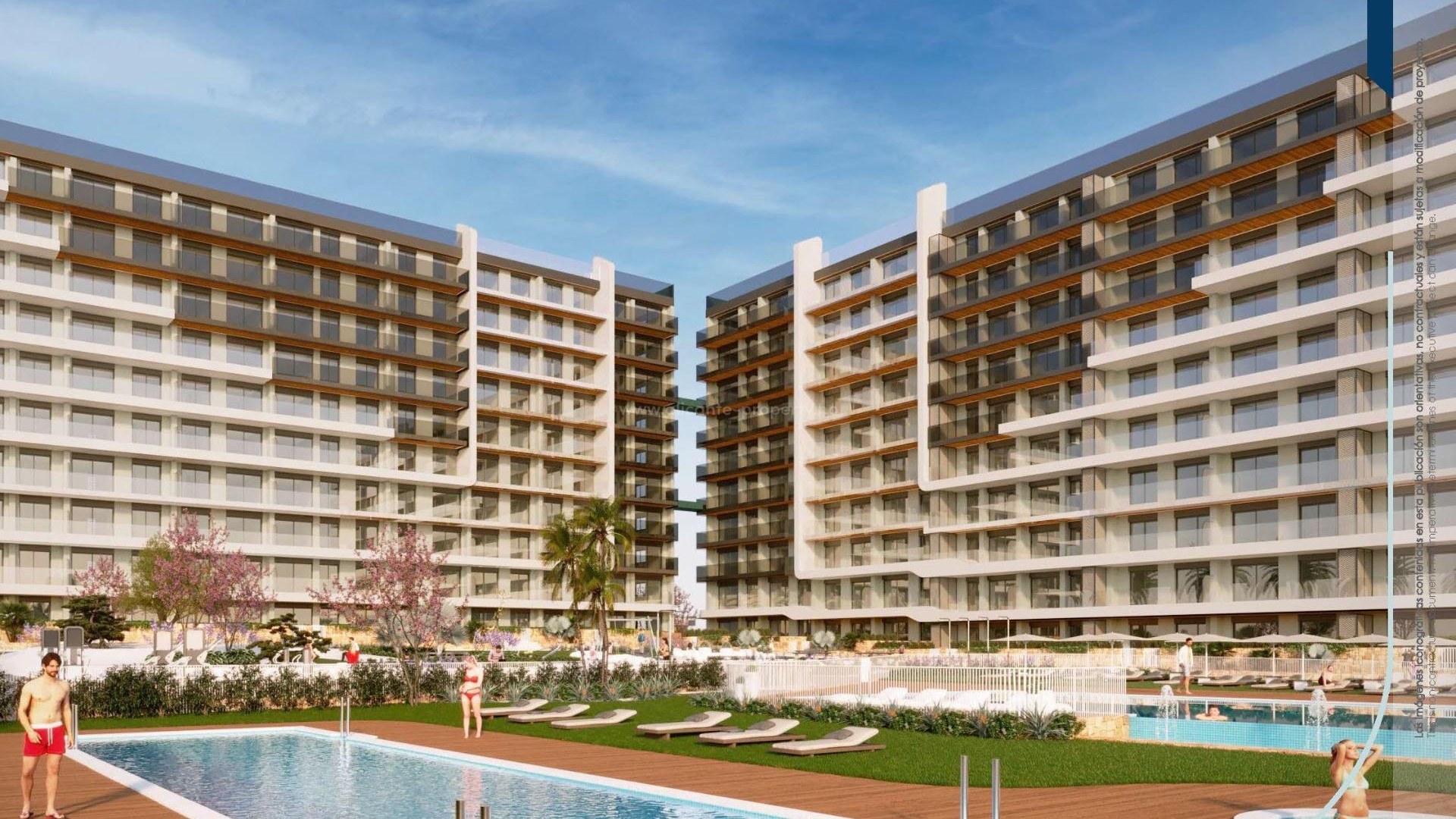220 leiligheter med 2/3 soverom og 2 bad i Punta Prima, store terrasser, første etasje med hage og toppleiligheter med solarium, felles svømmebasseng
