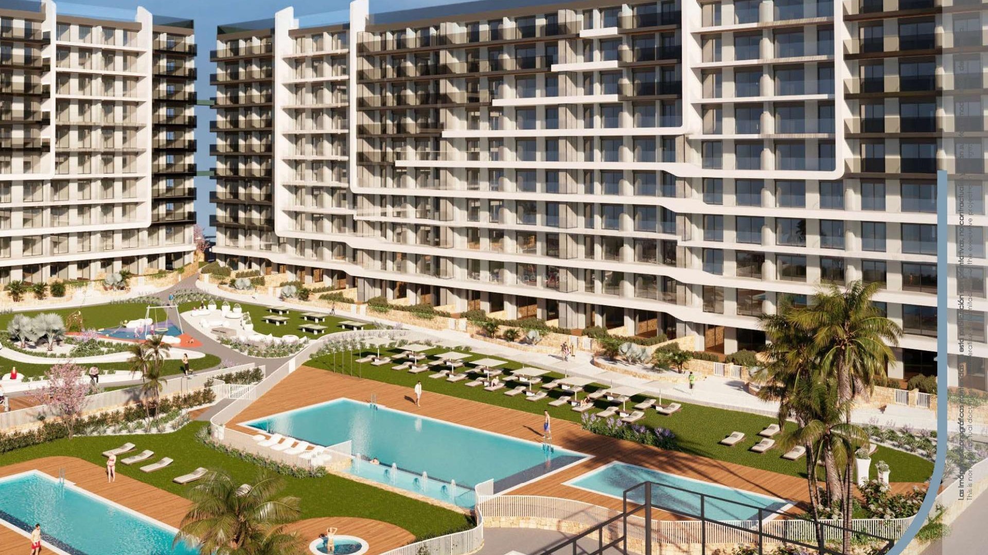 220 leiligheter med 2/3 soverom og 2 bad i Punta Prima, store terrasser, første etasje med hage og toppleiligheter med solarium, felles svømmebasseng