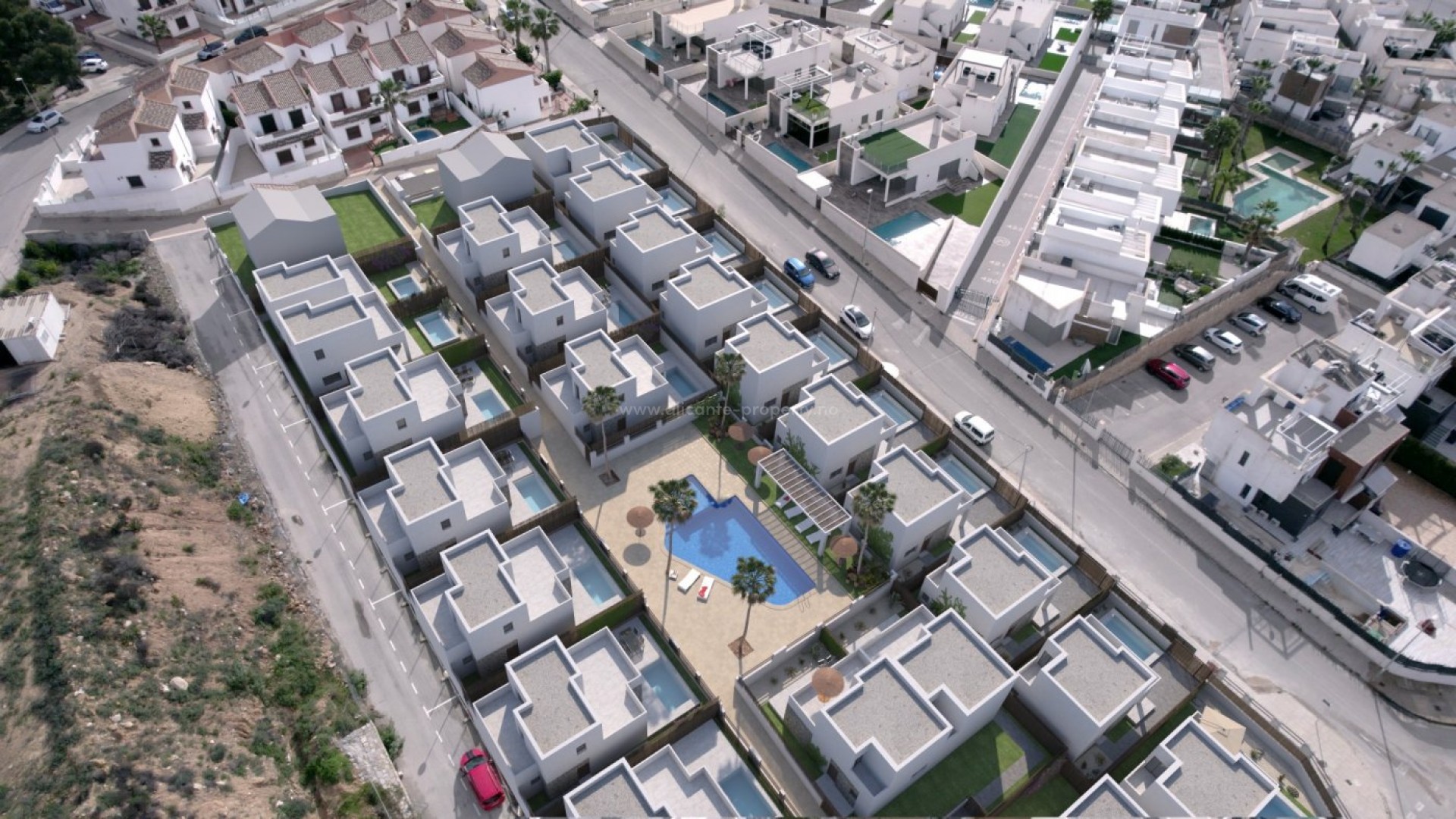 25 nye villaer/hus i Orihuela Costa, 3 soverom og 2 bad, privat hage, felles basseng (privat basseng mot tillegg), parkering, nær Villamartin golfbane