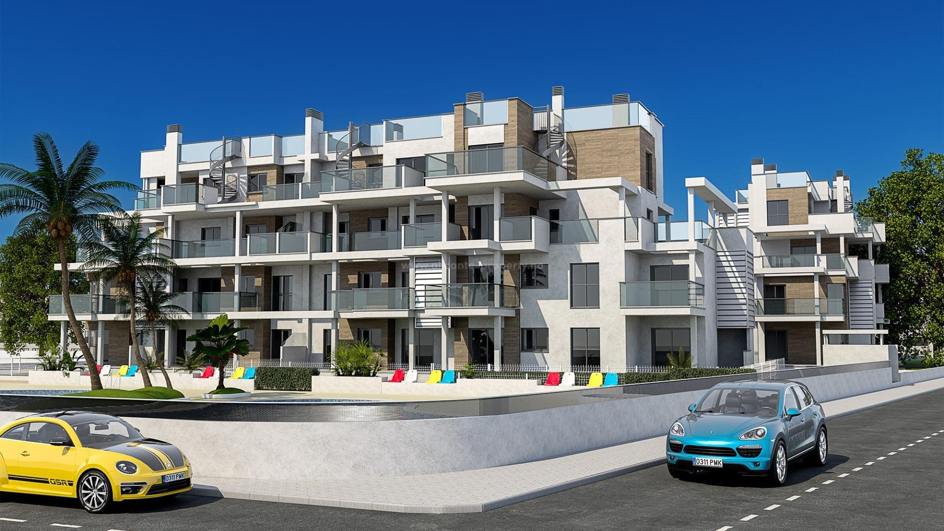 29 nye leiligheter i Denia, 2/3 soverom, 2 bad, felles basseng, hage eller solarium,parkering,uslåelig beliggenhet 100 meter fra strande, 2 km til sentrum