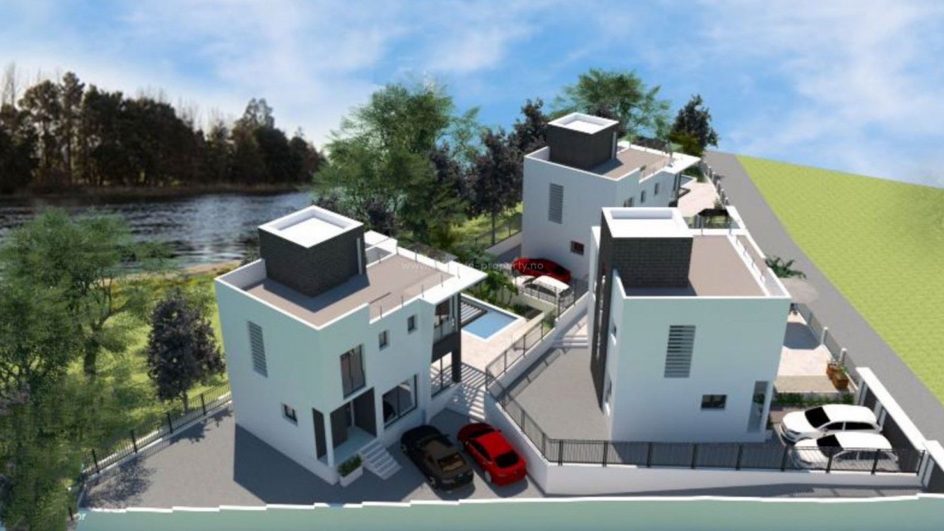 3 moderne villaer/hus i Villajoyosa med havutsikt, 3 soverom, 3 bad, hage, basseng, solarium. Parkeringsplass for 2 biler.Mulighet for kjeller i tillegg.