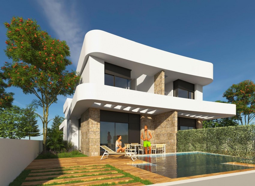 32 new villas/detached houses in La Herrada in Los Montesino. 3 bedrooms, 3 bathrooms, terrace, solarium, optional private pool. 10min to beaches in Torrevieja