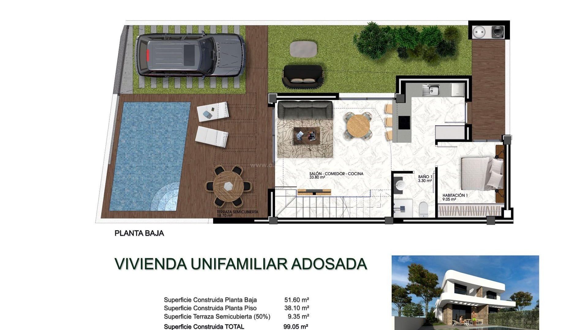 32 new villas/detached houses in La Herrada in Los Montesino. 3 bedrooms, 3 bathrooms, terrace, solarium, optional private pool. 10min to beaches in Torrevieja