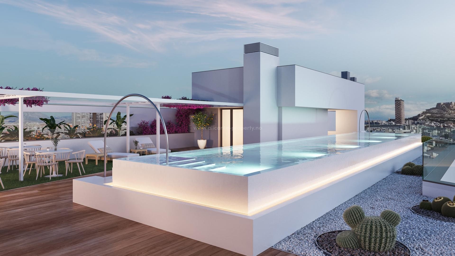 53 nye eksklusive leiligheter i Alicante by, 2/3/4 soverom, 2 bad, utrolig panoramautsikt, svømmebasseng, treningsstudio og takterrasse med solterrasse.