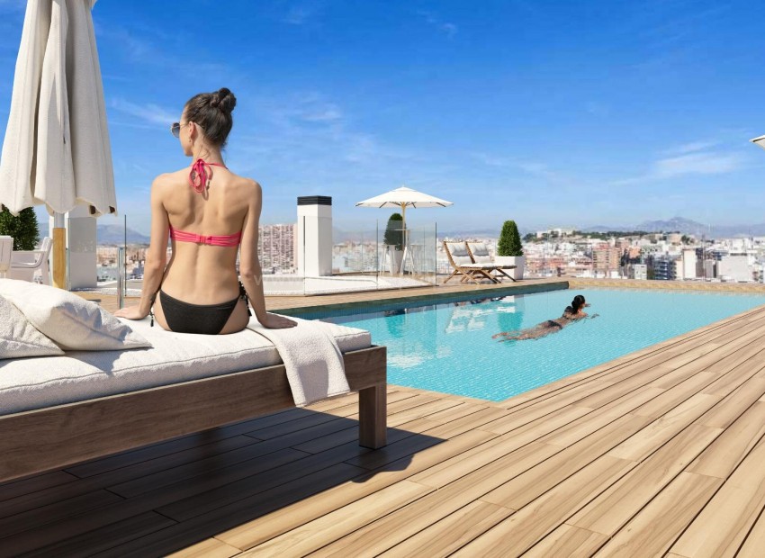 61 leiligheter og toppleiligheter i Alicante by, 2/3/4 soverom,  2 bad, felles takterrasse med svømmebassenger for voksne og barn, grønne områder