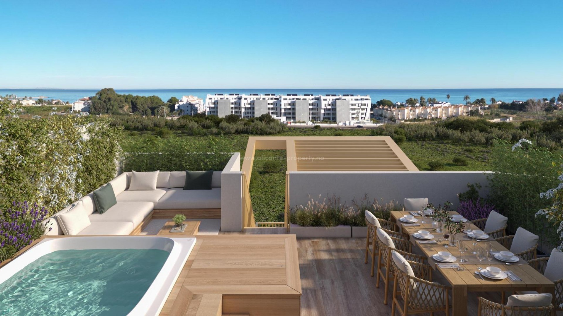 65 modern apartments and townhouses in El Vergel near Denia, 2/3 bedrooms, pool, gym, close to La Almadraba beach in Denia.