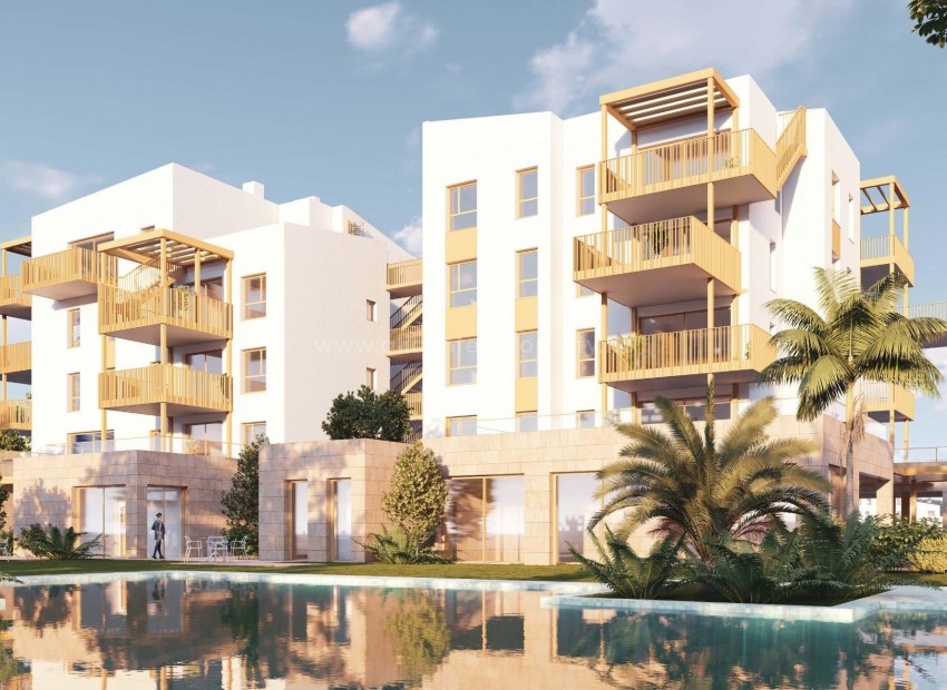 65 moderne leiligheter og rekkehus i El Vergel nær Denia, 2/3 soverom, basseng, treningsstudio, tett ved La Almadraba-stranden i Denia.