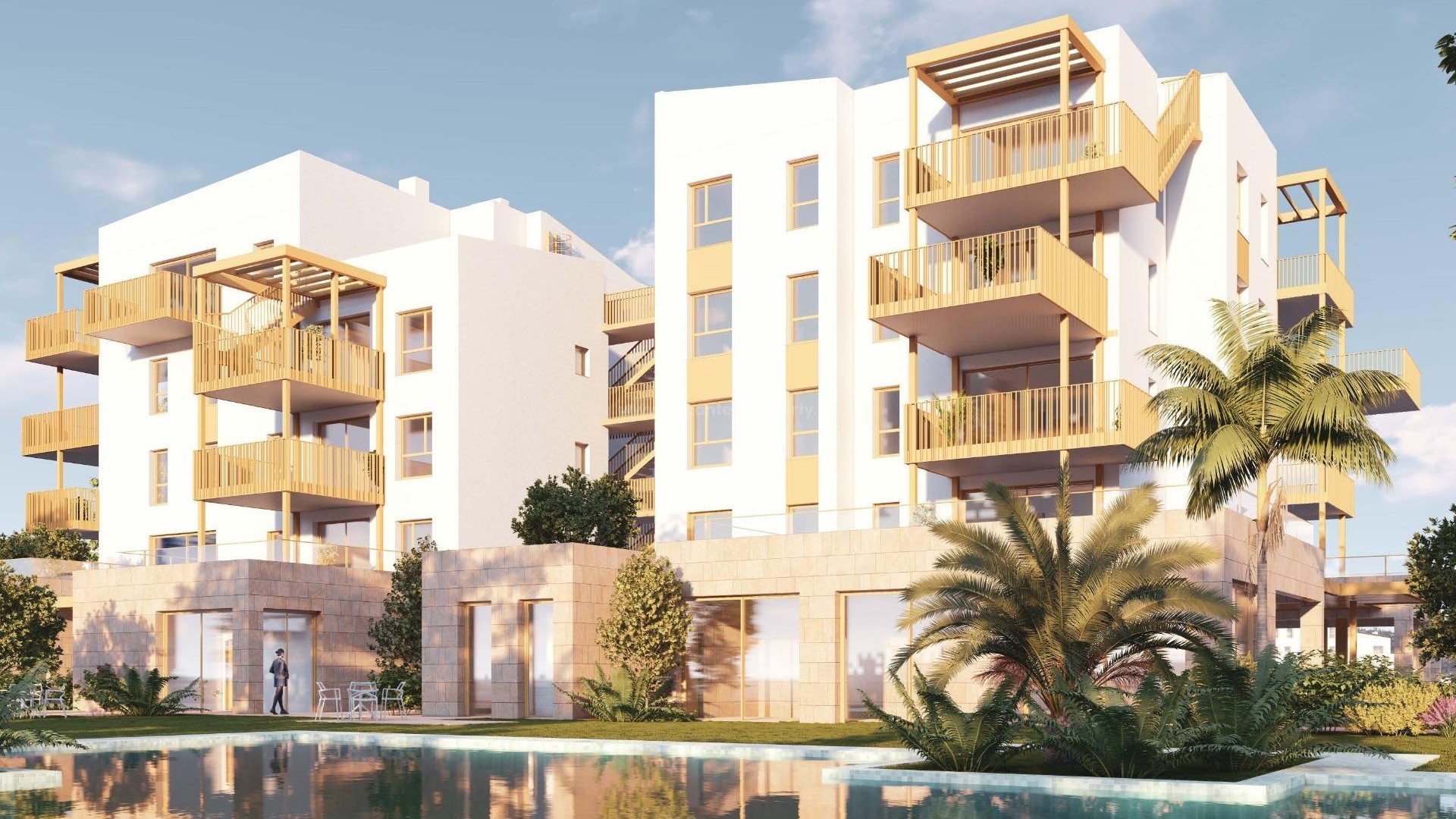 65 moderne leiligheter og rekkehus i El Vergel nær Denia, 2/3 soverom, basseng, treningsstudio, tett ved La Almadraba-stranden i Denia.