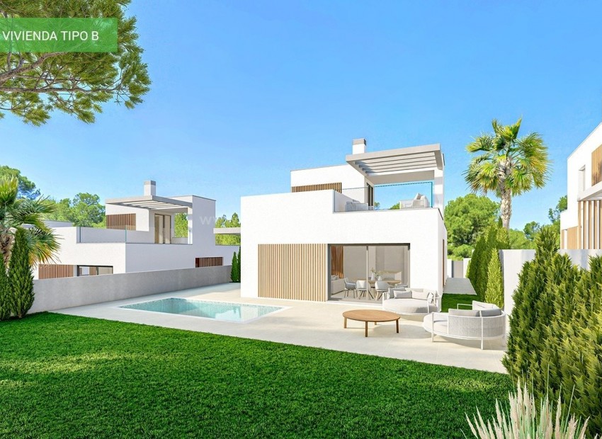 9 new villas/houses in Sierra Cortina, Fine start, 3 bedrooms, 2/3 bathrooms, garden with pool, by golf courses and theme parks