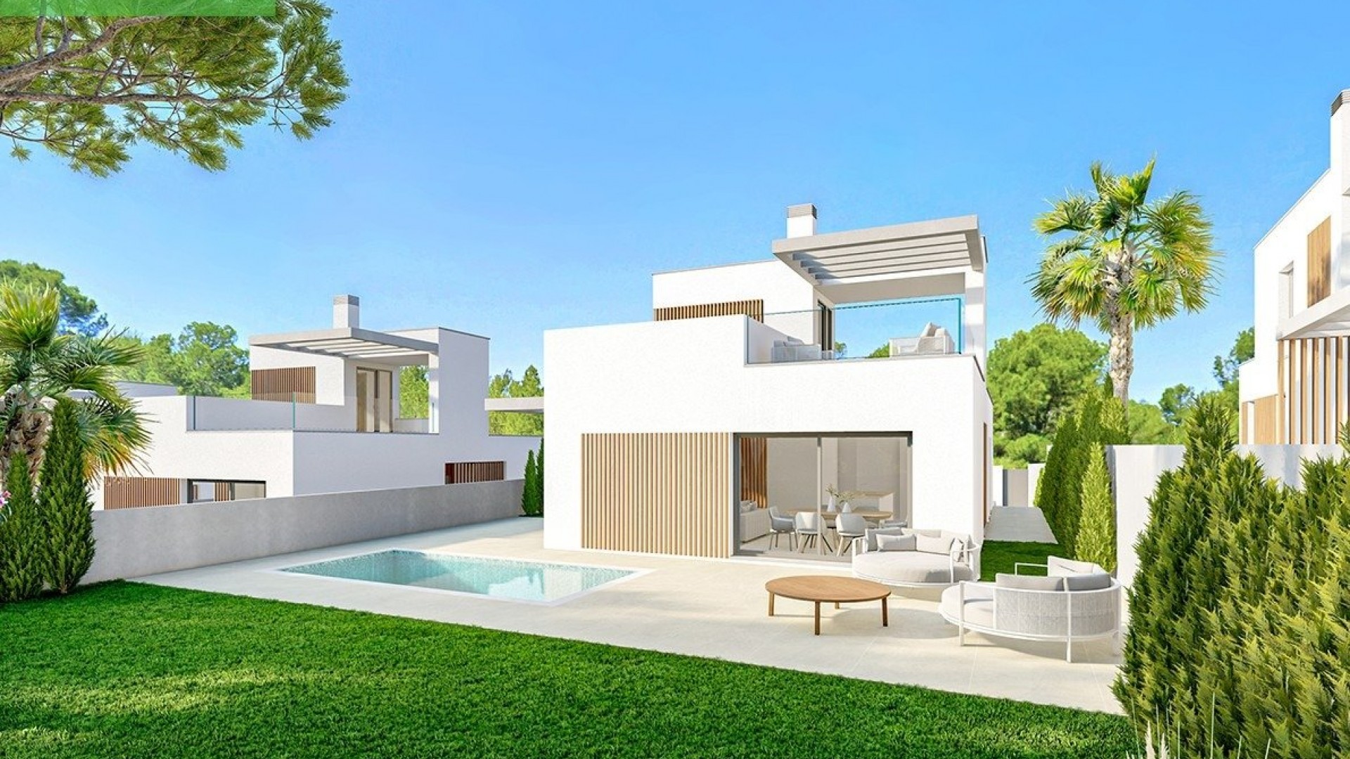 9 new villas/houses in Sierra Cortina, Fine start, 3 bedrooms, 2/3 bathrooms, garden with pool, by golf courses and theme parks