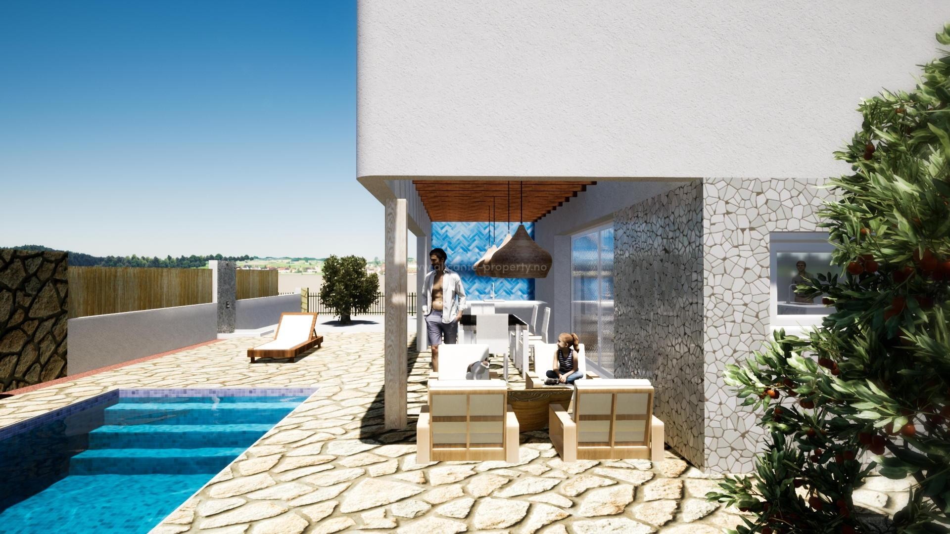 Alfaz del Pi med nye villaer/hus i Ibiza-stil, 3 soverom, 2 bad, stort utvendig bassengområde. Hovedsoverommet har walk-in closet og eget bad