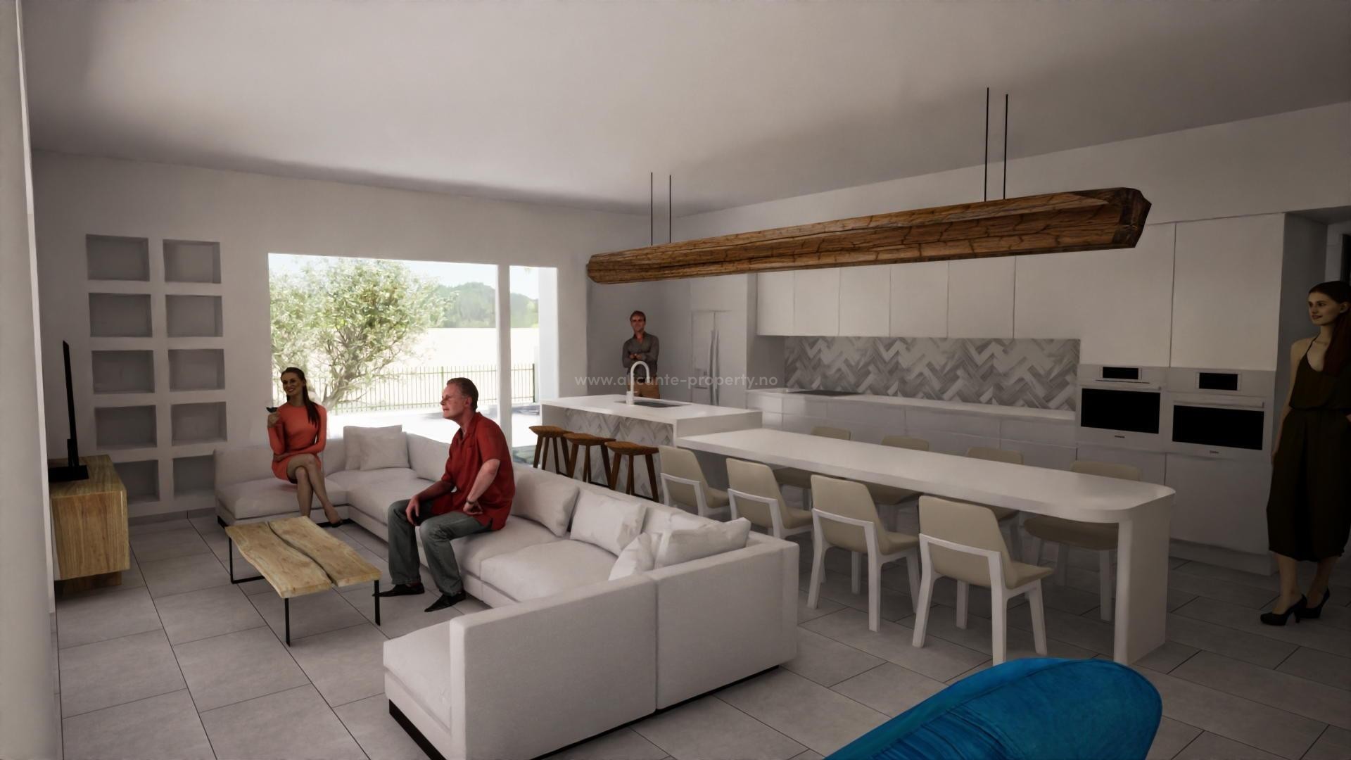 Alfaz del Pi med nye villaer/hus i Ibiza-stil, 3 soverom, 2 bad, stort utvendig bassengområde. Hovedsoverommet har walk-in closet og eget bad