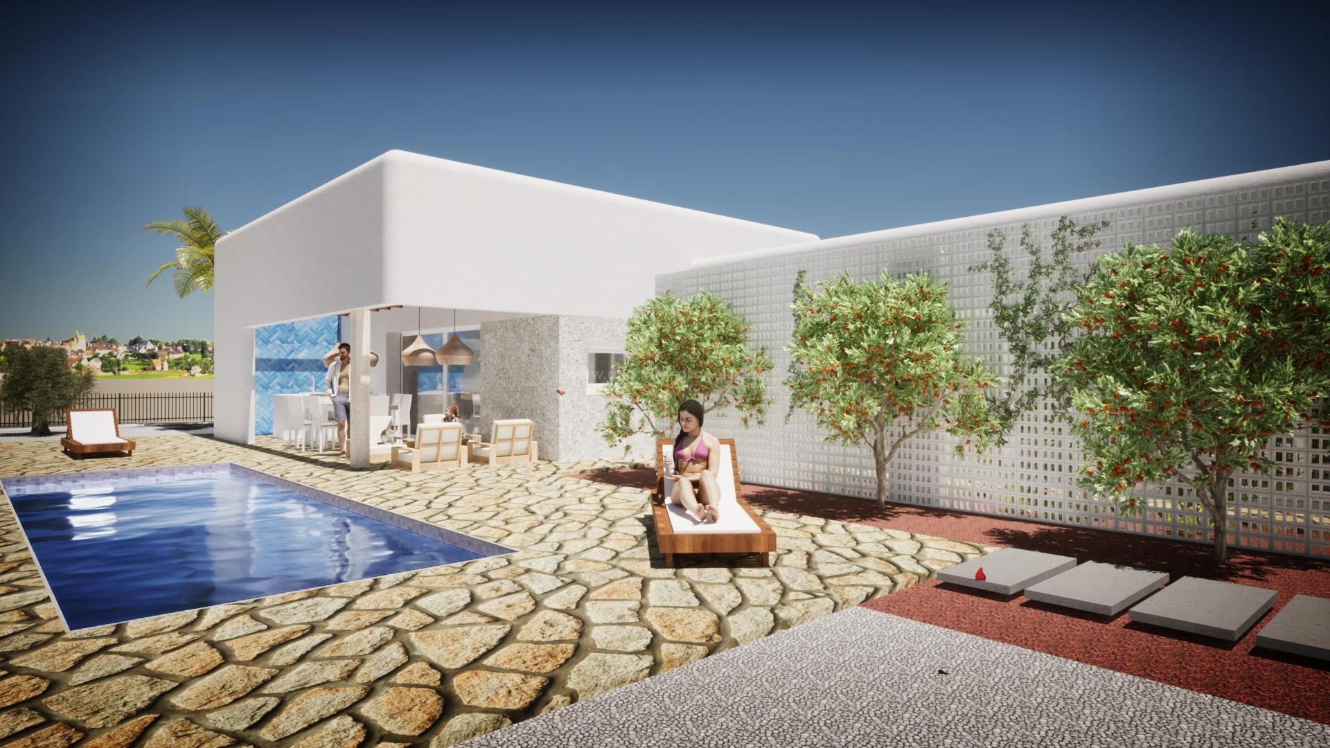 Alfaz del Pi with new Ibiza style villas/houses, 3 bedrooms, 2 bathrooms, large outside pool area. The master bedroom has a walk-in closet and a private bathroom