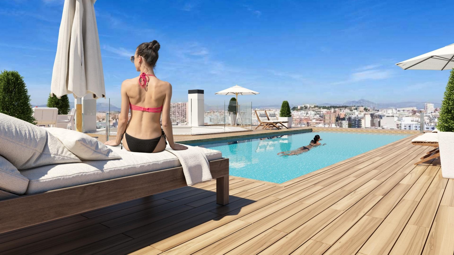 Alicante by, leiligheter og toppleiligheter, 2/3/4 soverom i La Florida, takterrasse med svømmebasseng, felles hage med lekeplass og grønne områder.