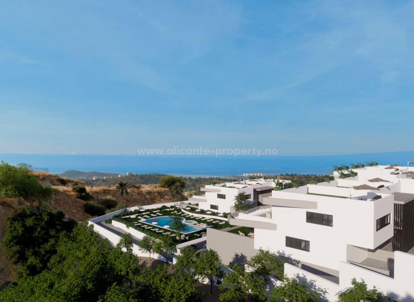 Apartment complex in Balcon de Finestrat, bungalows with 2 and 3 bedrooms, 2 bathrooms, living room, dining room, private garden, terrace and pool