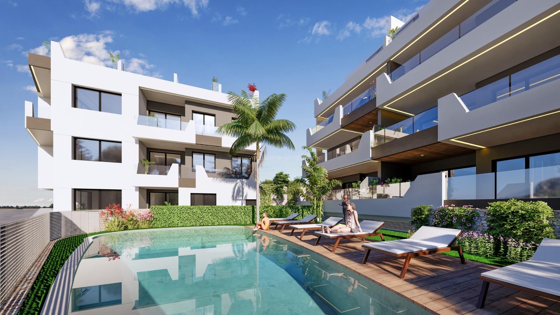 Apartments in Benijofar, 2/3 bedrooms, 2 bathrooms, penthouses with large private solarium large green area with swimming pool for all owners, as well as parking