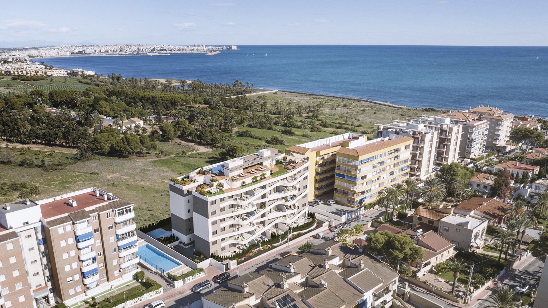 Apartments in Punta Prima, Torrevieja, 2/3 bedrooms, 2 bathrooms, terrace or garden, infinity pool, hot tub, many apartments with fantastic views
