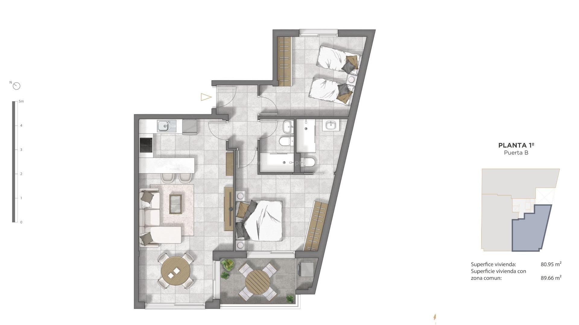 Boligkompleks med leiligheter/toppleilligheter i Guardamar del Segura, 2/3 soverom, alle har åpen kjøkkenløsning med romslig stue, garderober, terrasse