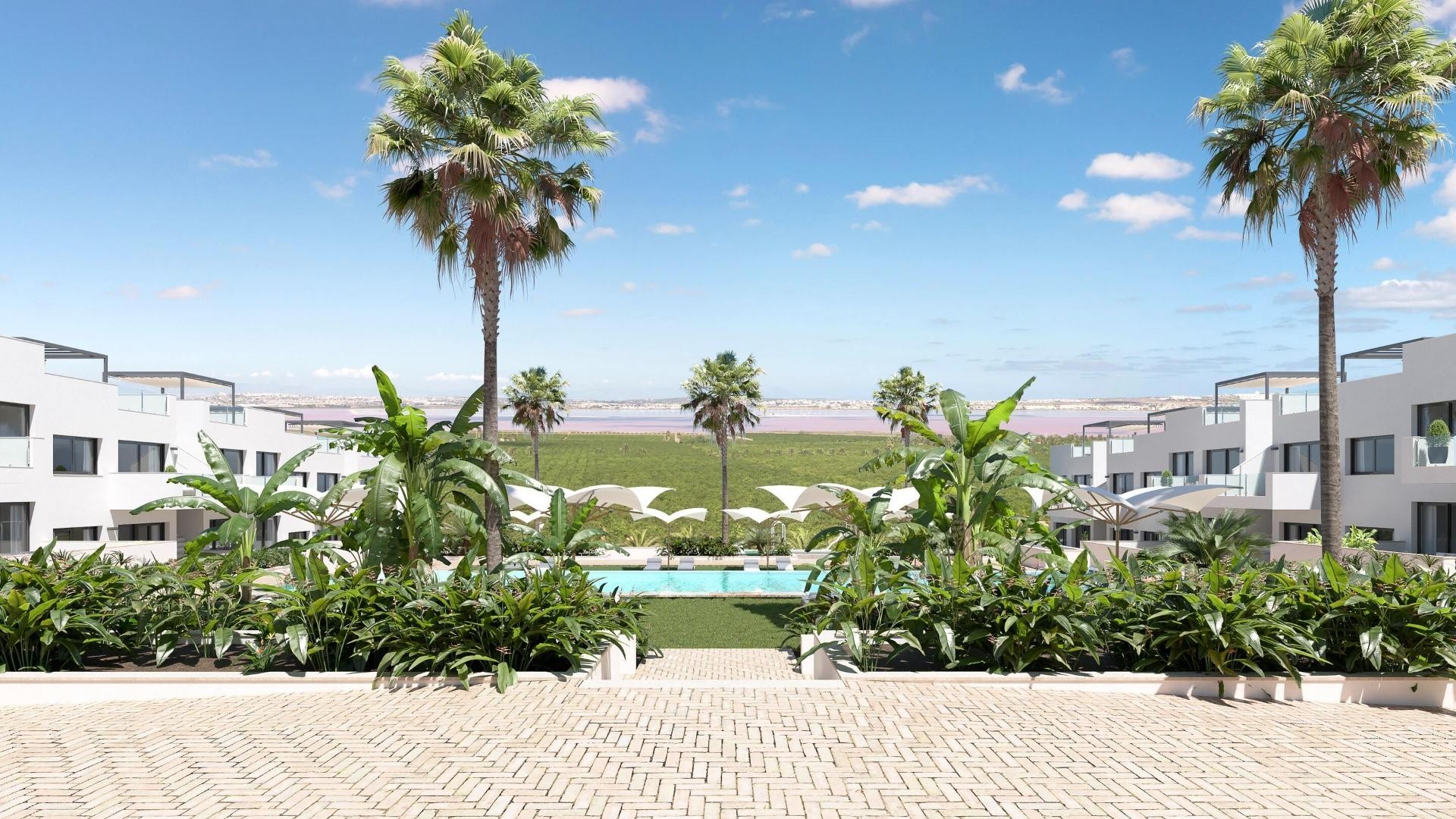 Brand new bungalow apartments in Los Balcones, Torrevieja, 2/3 bedrooms, 2 bathrooms, great pool area with garden, spectacular views over pink lagoon