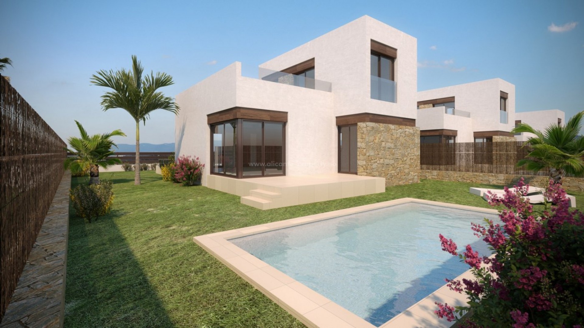 Brand new houses/villas in Balcon de Finestrat, 3 bedrooms, 2 bathrooms, 1 or 2 floors, large gardens with pool, parking on site
