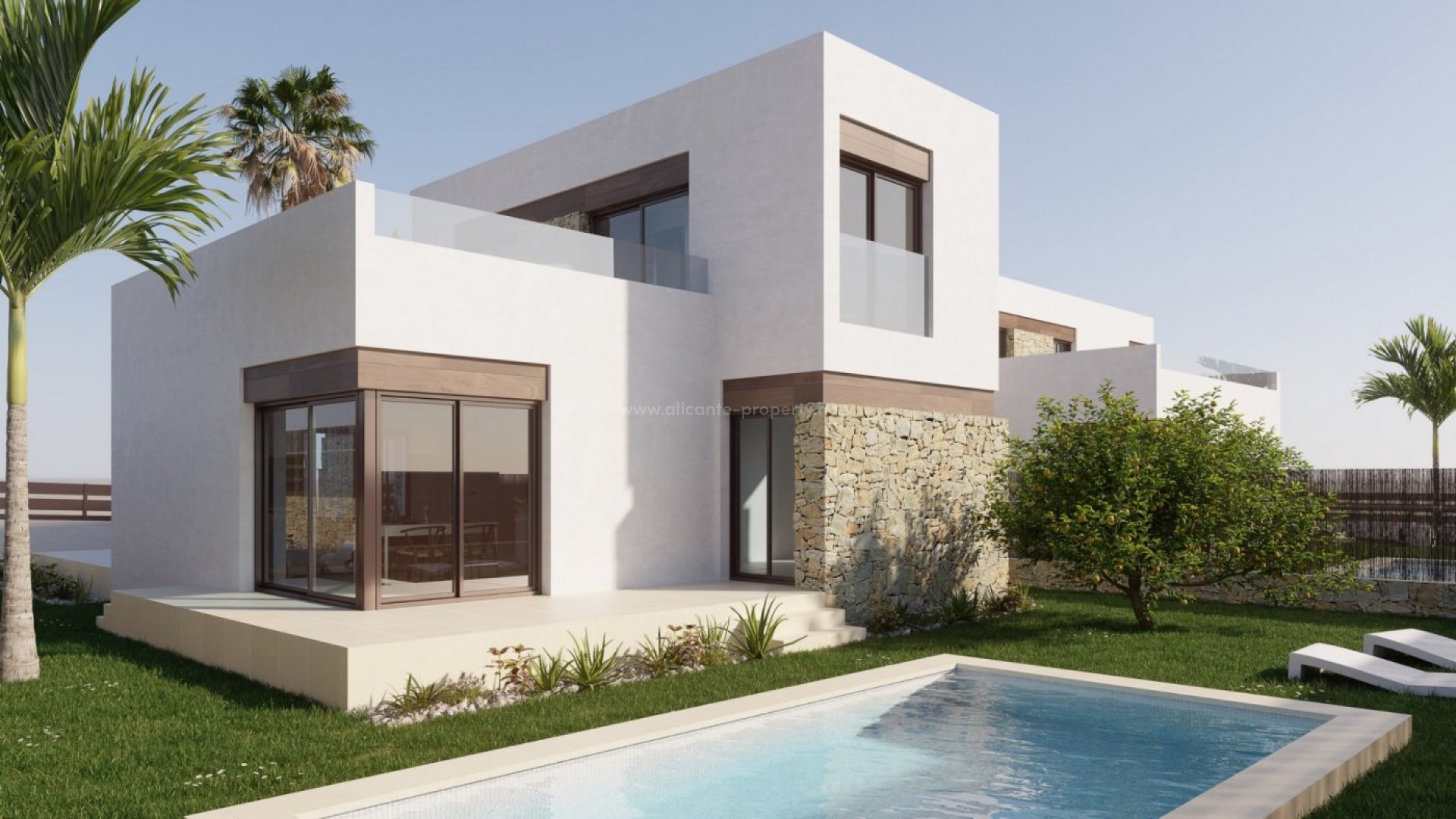 Brand new houses/villas in Balcon de Finestrat, 3 bedrooms, 2 bathrooms, 1 or 2 floors, large gardens with pool, parking on site