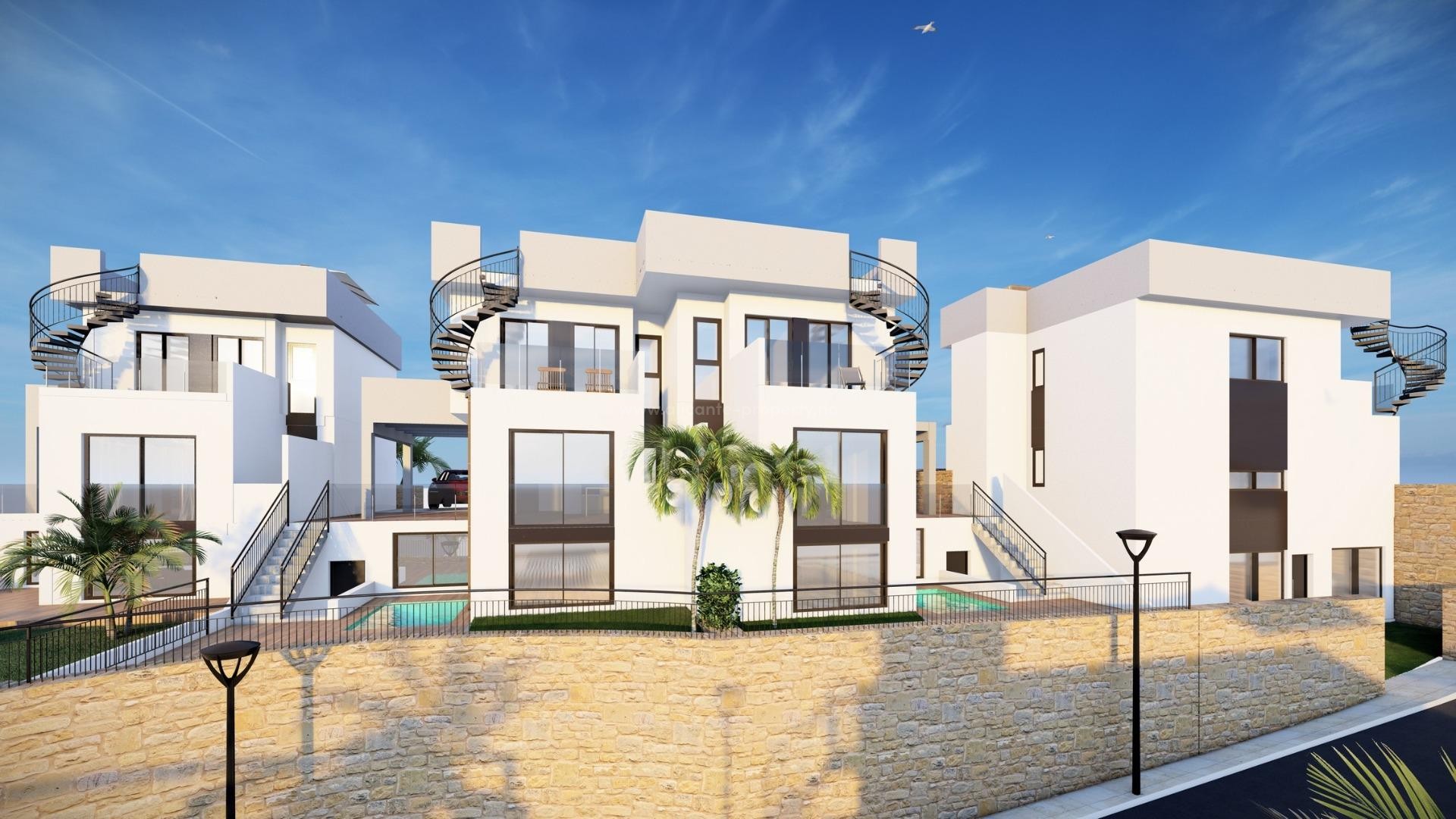 Brand new houses/villas in La Finca Golf, Algorfa, 2 bedrooms, 2 bathrooms, terrace and solarium, half-basement and garden with parking. Possible with private pool