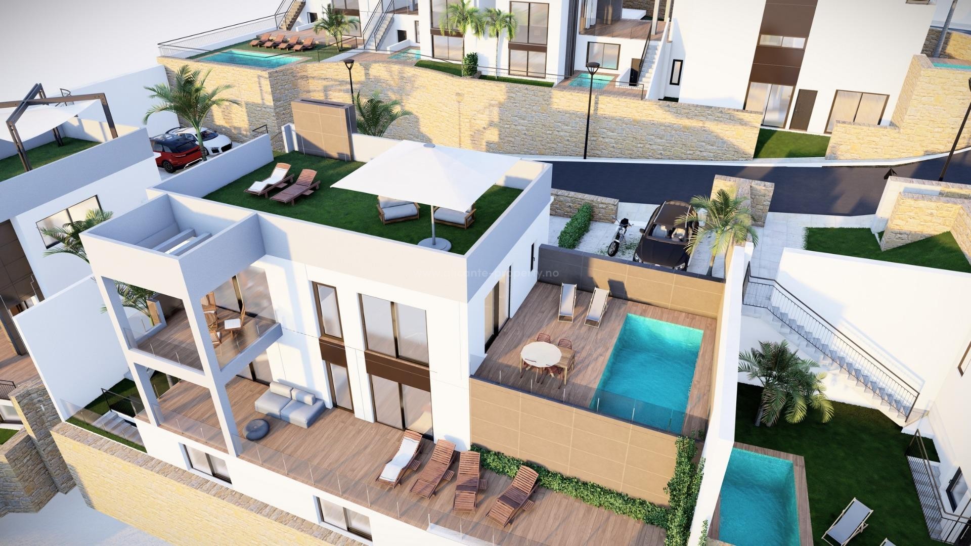 Brand new houses/villas in La Finca Golf, Algorfa, 2 bedrooms, 2 bathrooms, terrace and solarium, half-basement and garden with parking. Possible with private pool