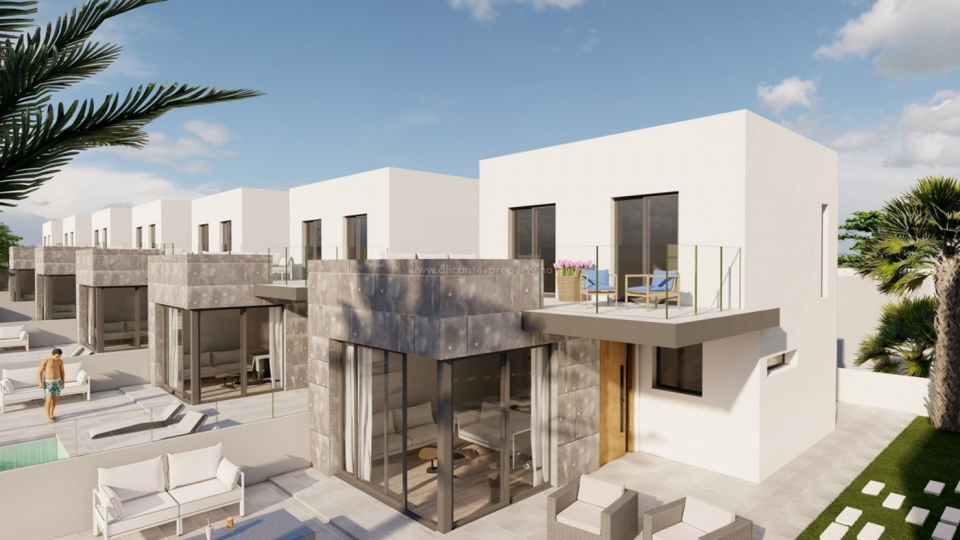 Brand new houses/villas in Los Altos de Torrevieja, 3 bedrooms (one with walk-in wardrobe), 2 bathrooms, guest toilet, pool, large terrace and solarium