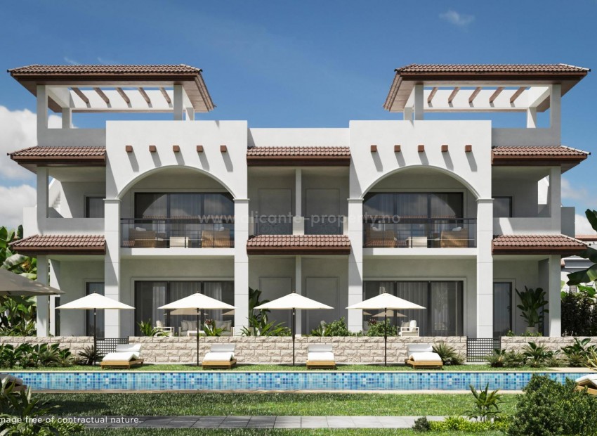 Bungalow apartments and townhouses in Rojales, 2/3 bedrooms, 2/3 bathrooms, terraces, private garden and solarium green common areas, swimming pool and private parking