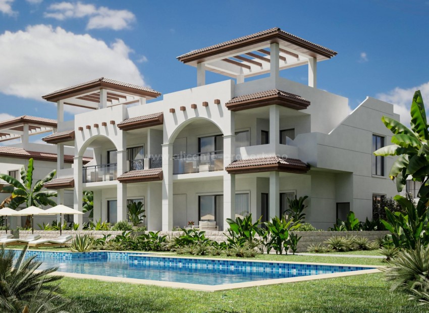 Bungalow apartments and townhouses in Rojales, 2/3 bedrooms, 2/3 bathrooms, terraces, private garden and solarium green common areas, swimming pool and private parking