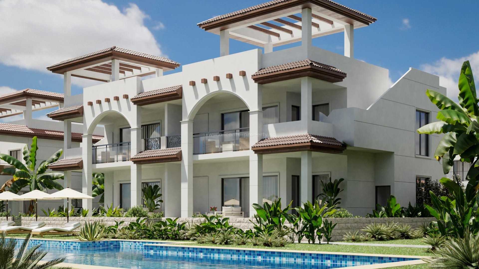 Bungalow apartments and townhouses in Rojales, 2/3 bedrooms, 2/3 bathrooms, terraces, private garden and solarium green common areas, swimming pool and private parking