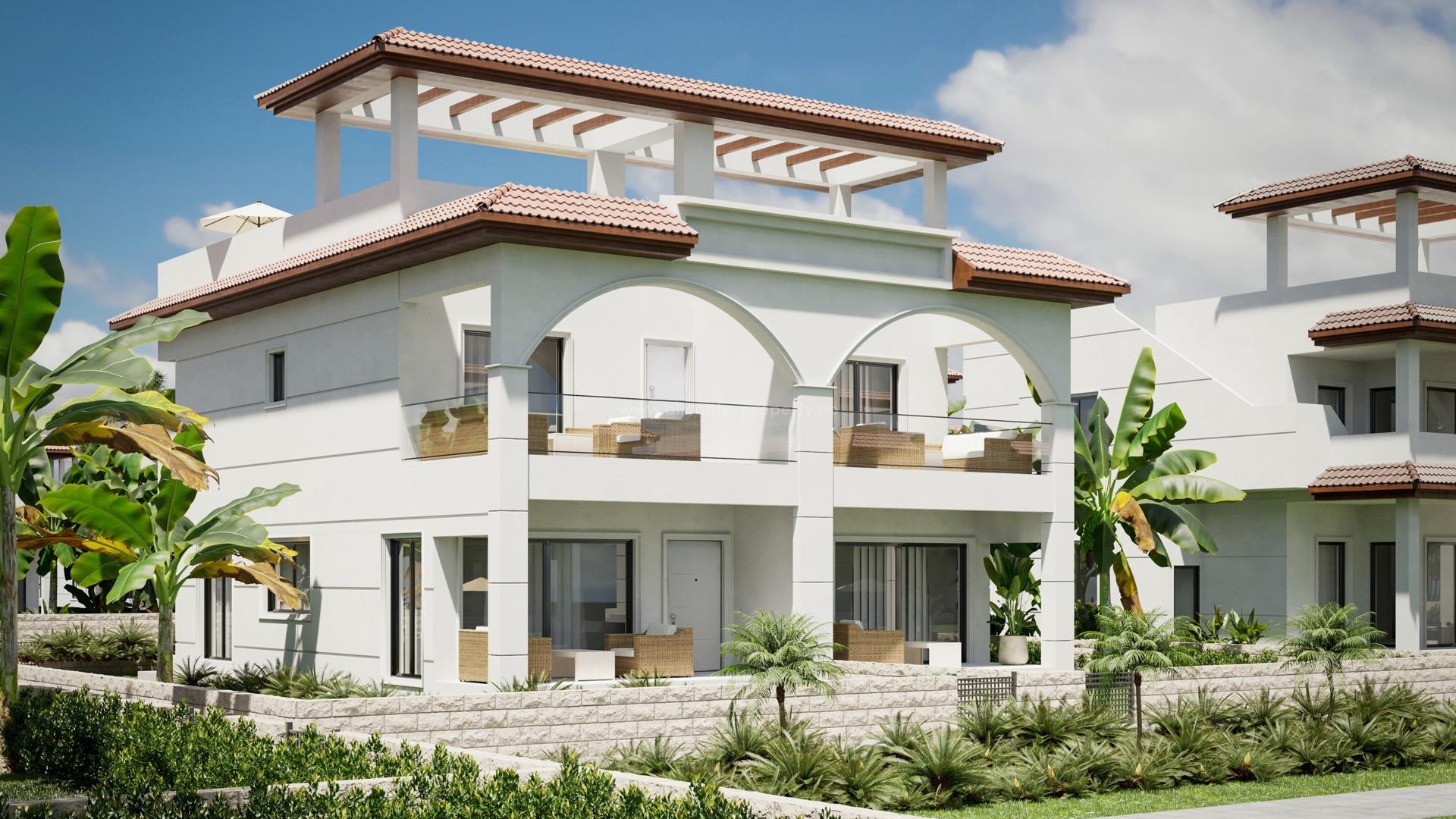 Bungalow apartments and townhouses in Rojales, 2/3 bedrooms, 2/3 bathrooms, terraces, private garden and solarium green common areas, swimming pool and private parking