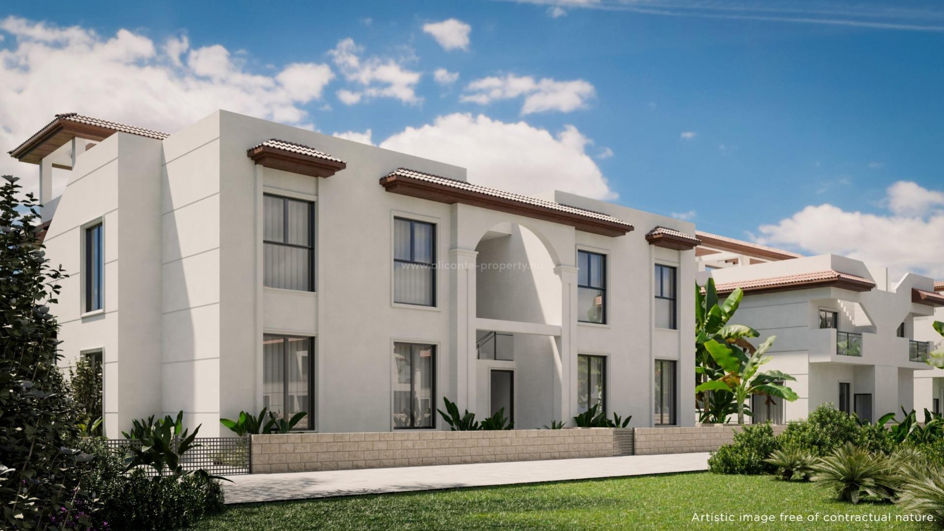 Bungalow apartments and townhouses in Rojales, 2/3 bedrooms, 2/3 bathrooms, terraces, private garden and solarium green common areas, swimming pool and private parking