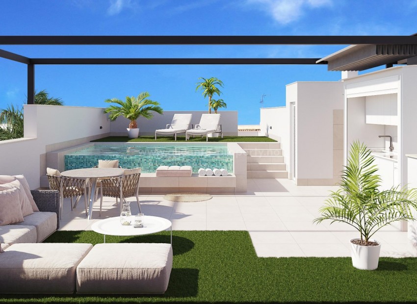 Bungalow apartments in Pilar de La Horadada, apartments and penthouses, 3 bedrooms, 2 bathrooms, top floor has a large roof terrace with infinity pool