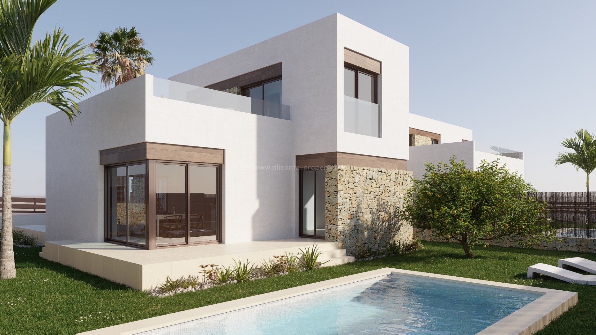 Detached villas in Finestrat, 3/4 bedrooms, 2 bathrooms, close to the best golf course on the Costa Blanca (Alfarella Golf Course), pool and stunning views