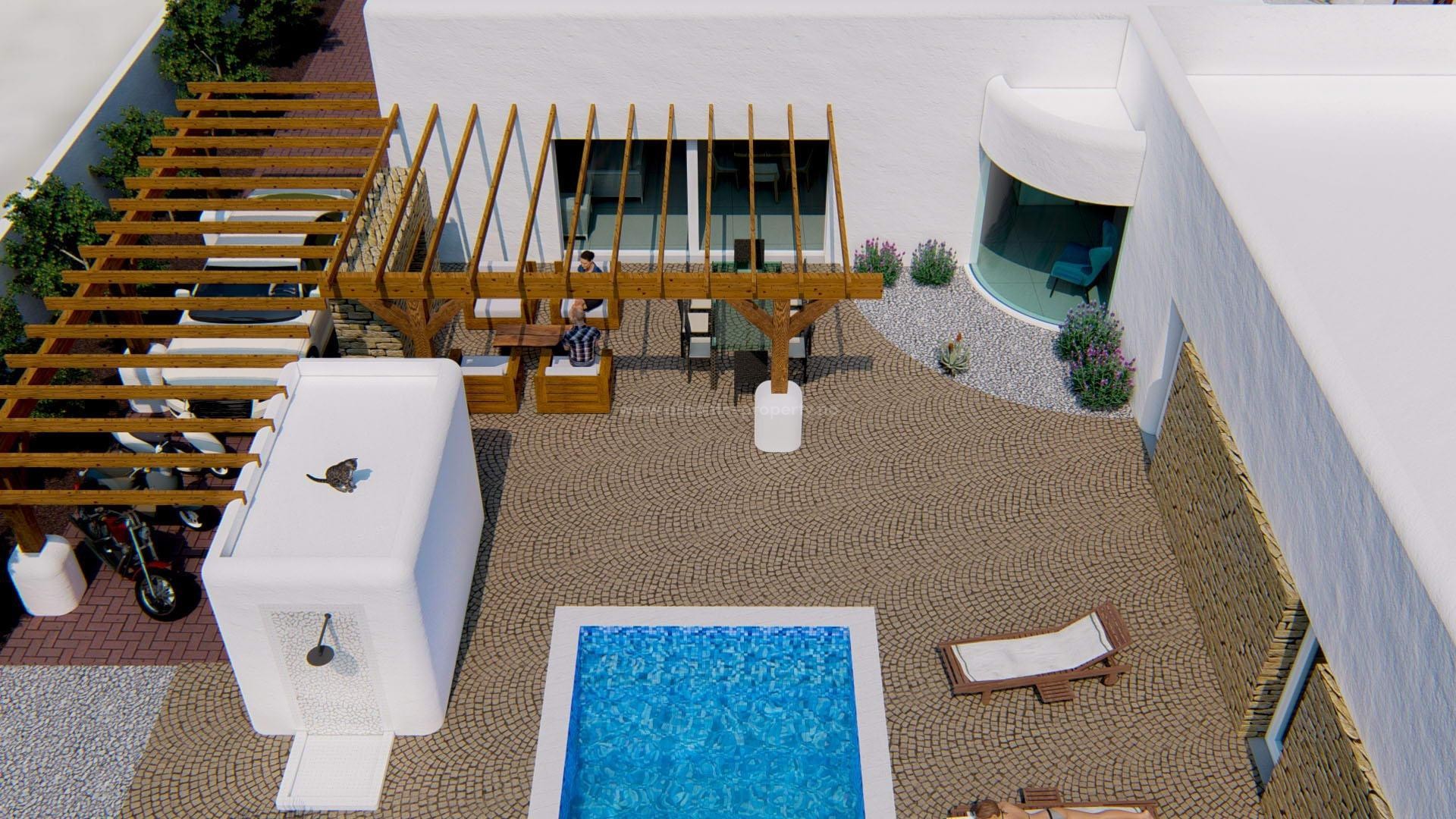 Eksklusive hus/villa i Ibiza-stil i Alfaz del Pi, 4 soverom, 2 bad, stor terrassen med bassengområdet mot sør.
