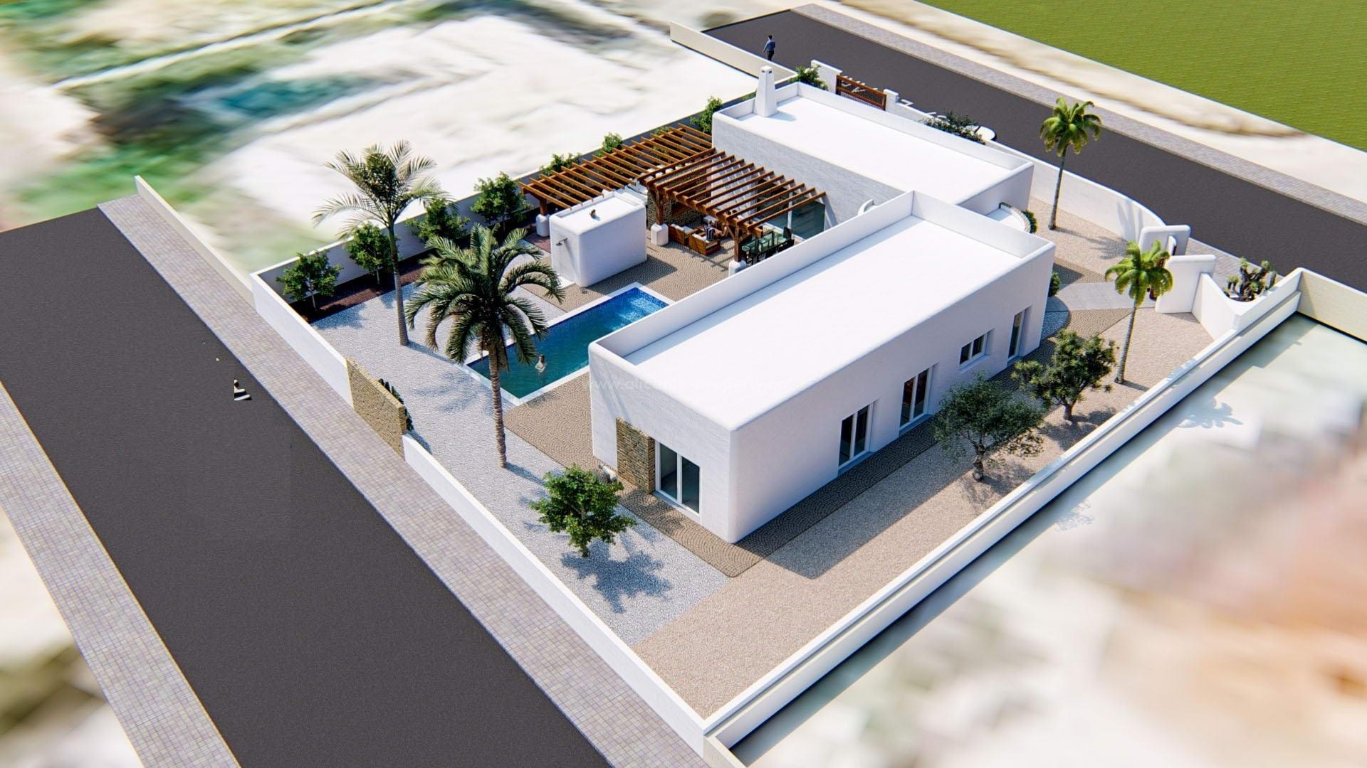 Eksklusive hus/villa i Ibiza-stil i Alfaz del Pi, 4 soverom, 2 bad, stor terrassen med bassengområdet mot sør.