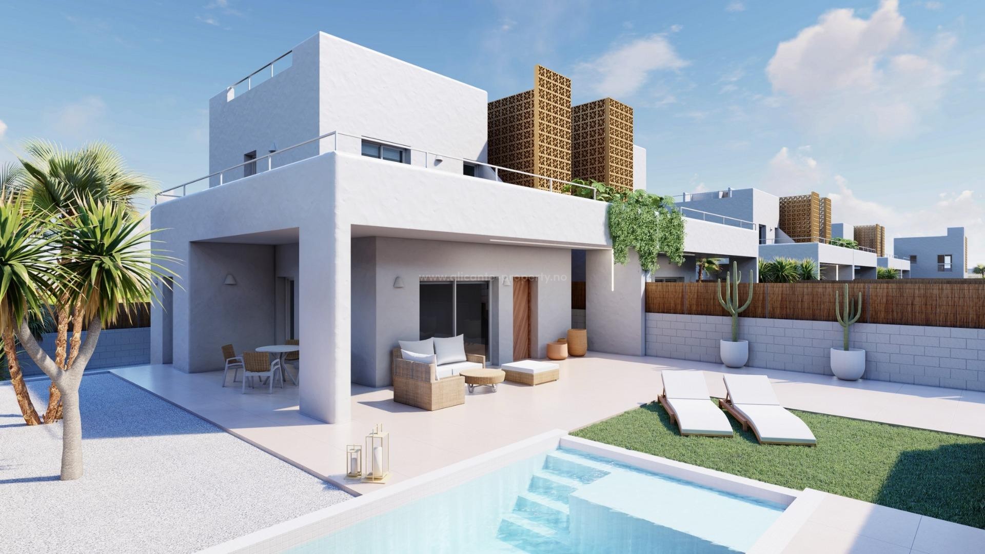 Eksklusive hus/villaer i Pilar de La Horadada med 3 sovrom, 3 bad, hage med privat svømmebasseng, stor terrasse og parkeringsplass