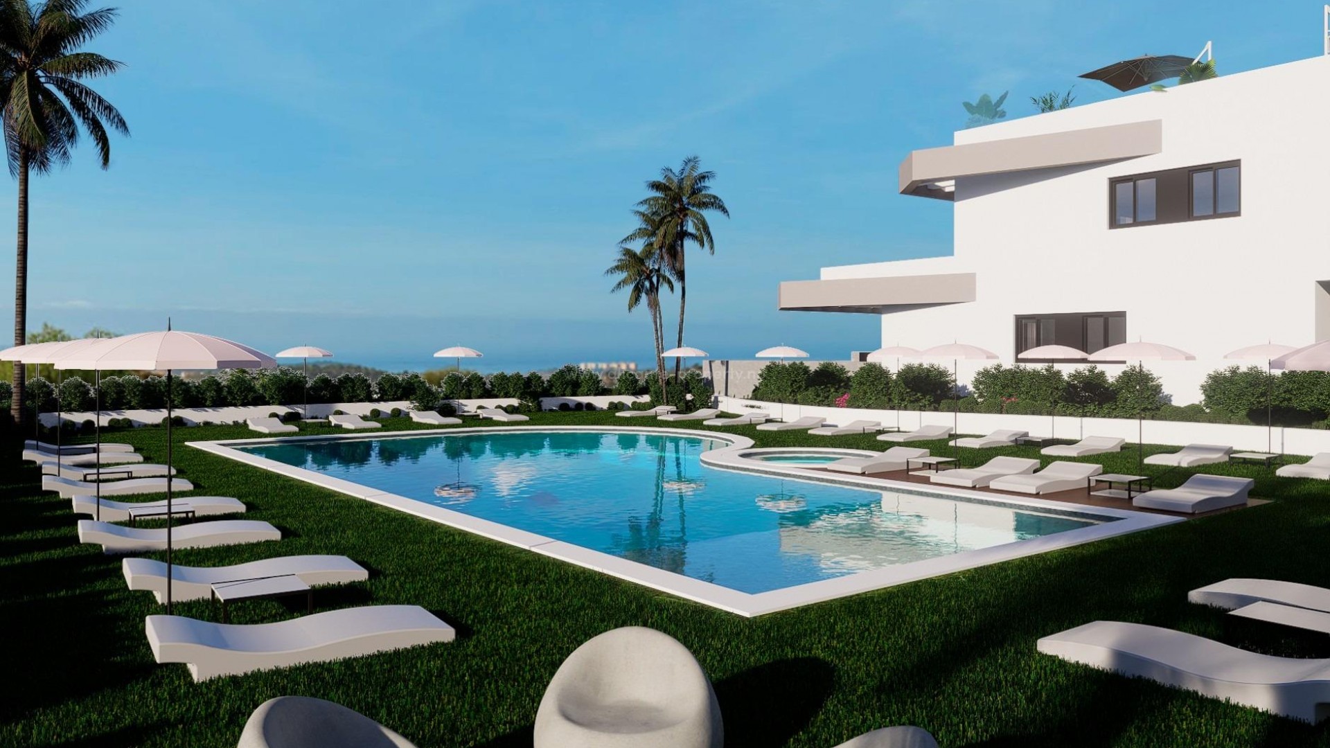 Eksklusivt boligkompleks med høy standard i Balcon de Finestrat med moderne bungalows, 2/3 soverom, 2 bad, felles svømmebasseng, parkering