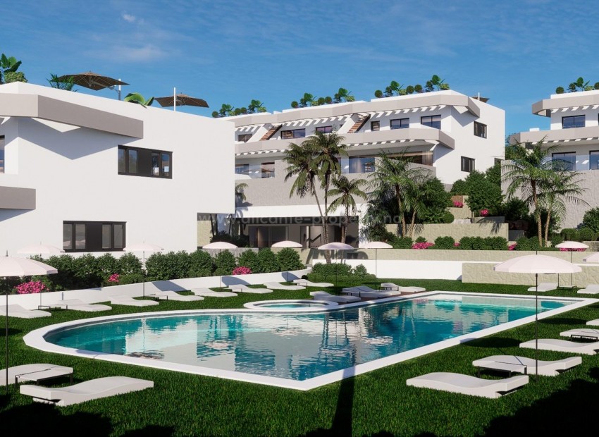 Exclusive high standard residential complex in Balcon de Finestrat with modern bungalows, 2/3 bedrooms, 2 bathrooms, communal swimming pool, parking