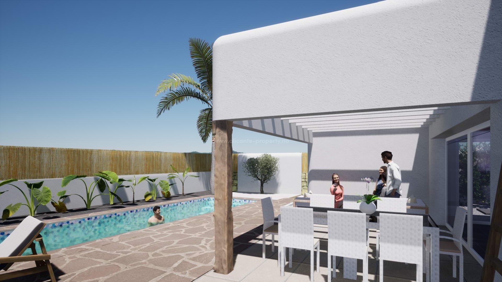 Fantastiske nybyggede villaer i Ibiza-stil i Alfaz del Pi, 3 soverom, 2 bad, fint basseng og terrasse